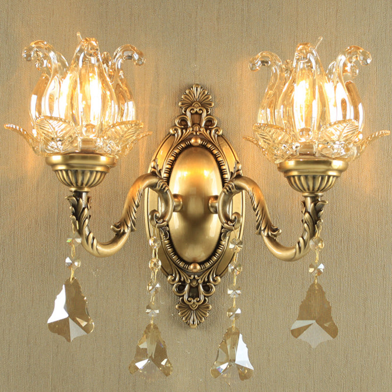 Traditional Semi-Open Flower Sconce 1/2-Light Clear Glass Wall Mount Lighting in Brass 2.0 Brass Clearhalo 'Wall Lamps & Sconces' 'Wall Lights' Lighting' 1125501