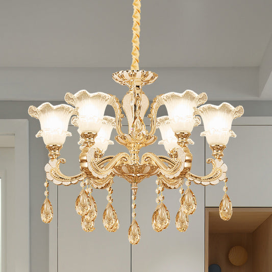 Frosted Glass Gold Pendant Light Ruffle 6 Heads Traditional Chandelier Lamp for Dining Room Clearhalo 'Ceiling Lights' 'Chandeliers' Lighting' options 1125506