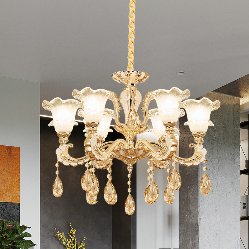 Frosted Glass Gold Pendant Light Ruffle 6 Heads Traditional Chandelier Lamp for Dining Room Clearhalo 'Ceiling Lights' 'Chandeliers' Lighting' options 1125507