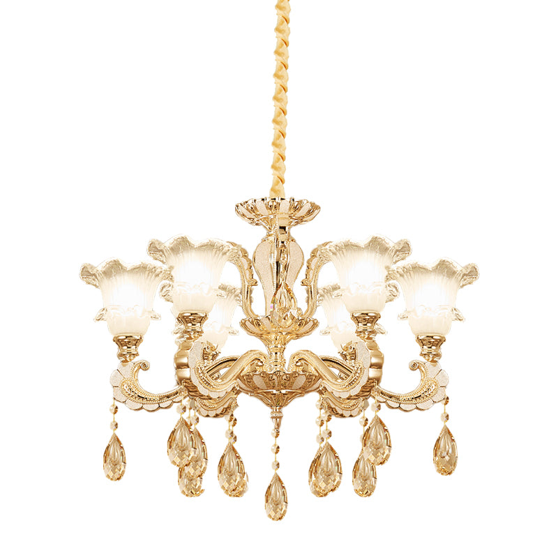 Frosted Glass Gold Pendant Light Ruffle 6 Heads Traditional Chandelier Lamp for Dining Room Clearhalo 'Ceiling Lights' 'Chandeliers' Lighting' options 1125508