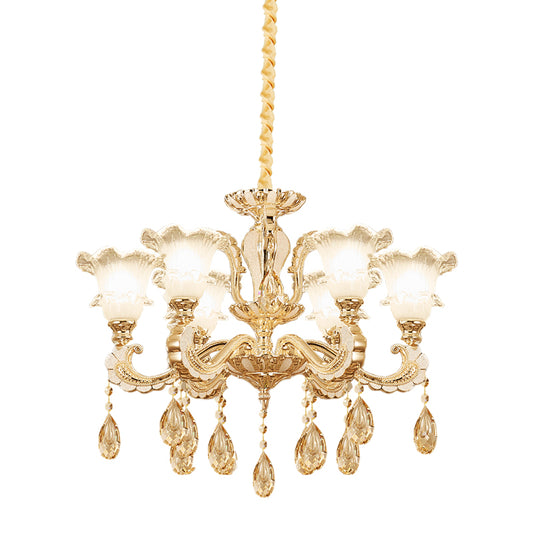 Frosted Glass Gold Pendant Light Ruffle 6 Heads Traditional Chandelier Lamp for Dining Room Clearhalo 'Ceiling Lights' 'Chandeliers' Lighting' options 1125508