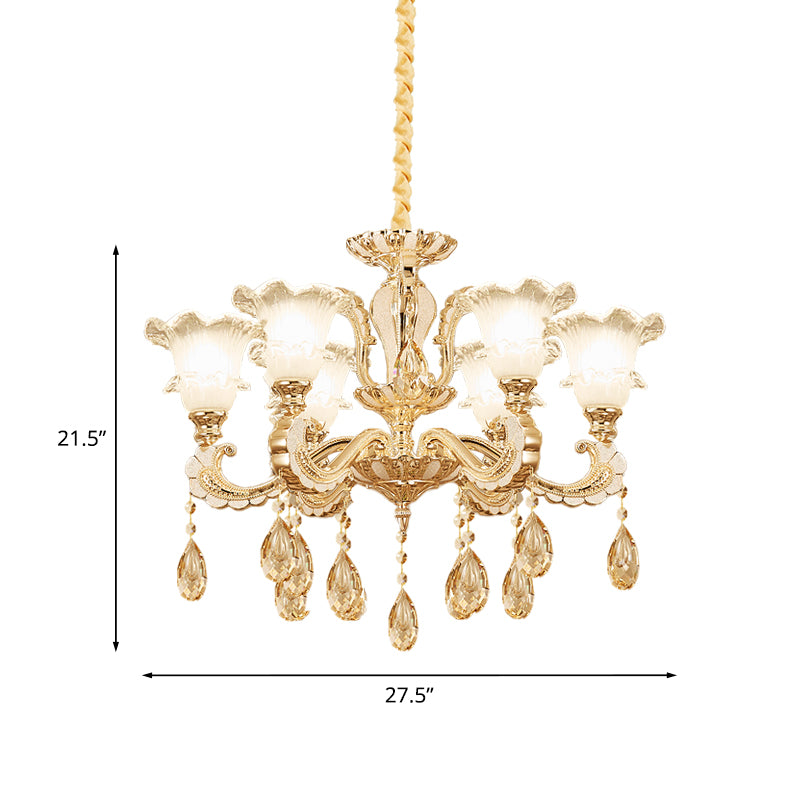 Frosted Glass Gold Pendant Light Ruffle 6 Heads Traditional Chandelier Lamp for Dining Room Clearhalo 'Ceiling Lights' 'Chandeliers' Lighting' options 1125509