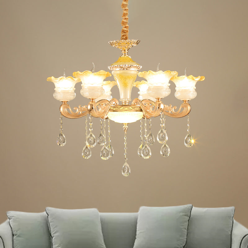 Fading Yellow Glass Ruffle Chandelier Postmodern 6 Lights Hotel Hanging Lamp in Gold Clearhalo 'Ceiling Lights' 'Chandeliers' Lighting' options 1125510