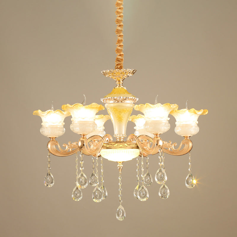 Fading Yellow Glass Ruffle Chandelier Postmodern 6 Lights Hotel Hanging Lamp in Gold Clearhalo 'Ceiling Lights' 'Chandeliers' Lighting' options 1125511