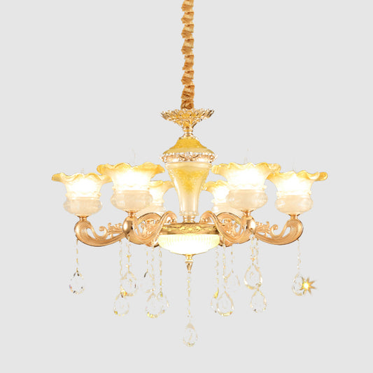 Fading Yellow Glass Ruffle Chandelier Postmodern 6 Lights Hotel Hanging Lamp in Gold Clearhalo 'Ceiling Lights' 'Chandeliers' Lighting' options 1125512