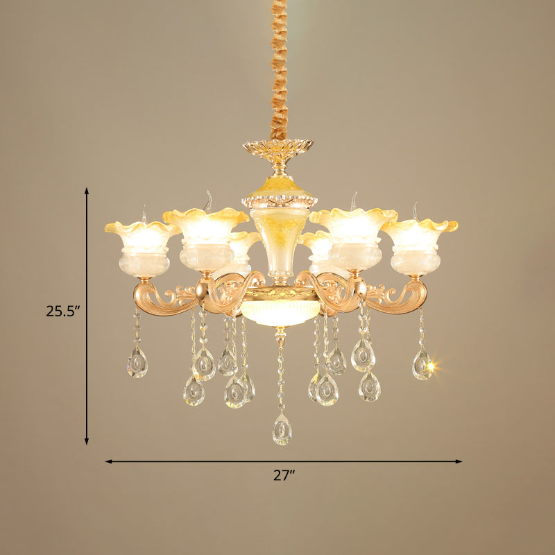 Fading Yellow Glass Ruffle Chandelier Postmodern 6 Lights Hotel Hanging Lamp in Gold Clearhalo 'Ceiling Lights' 'Chandeliers' Lighting' options 1125513