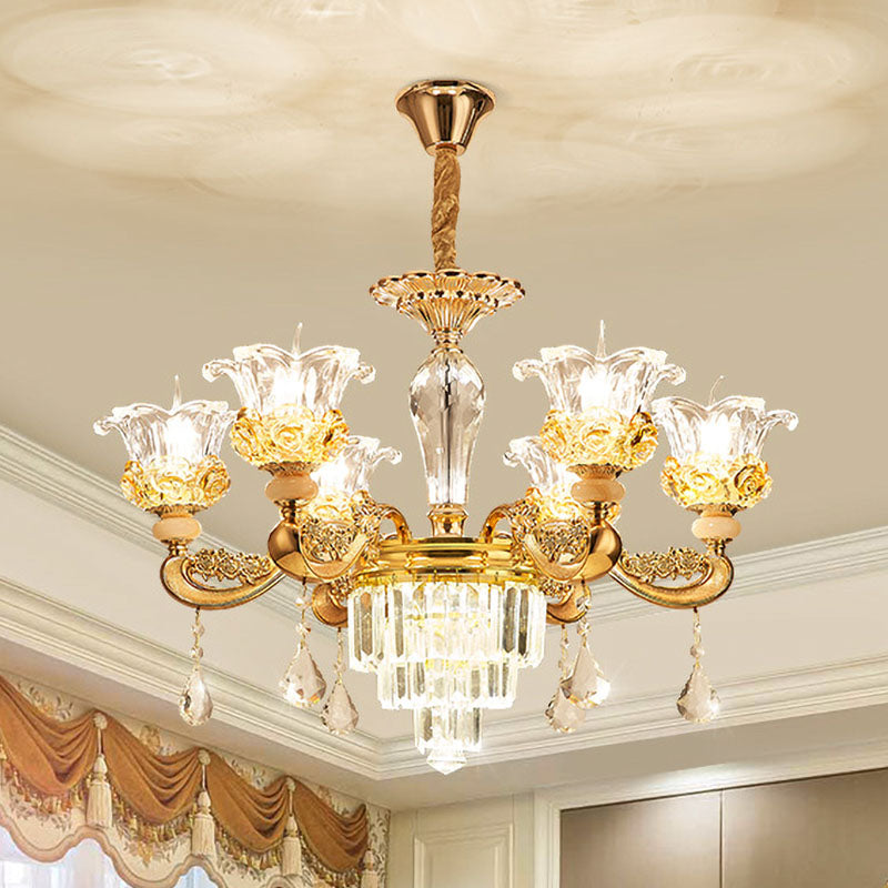 6 Lights Clear Glass Pendant Lamp Traditional Gold Flower Dining Room Chandelier with Tiered Crystal Accent Clearhalo 'Ceiling Lights' 'Chandeliers' Lighting' options 1125522