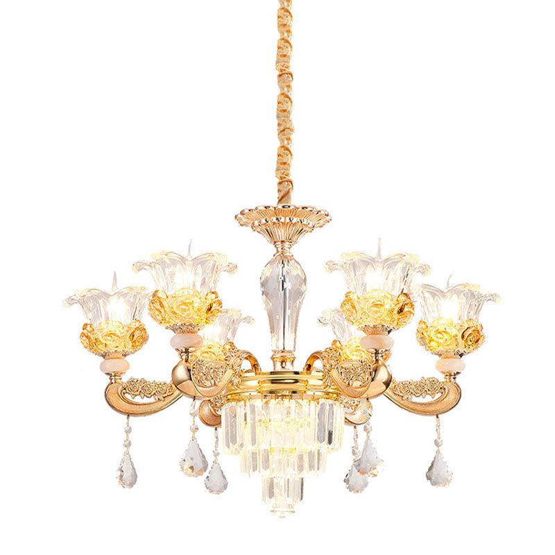 6 Lights Clear Glass Pendant Lamp Traditional Gold Flower Dining Room Chandelier with Tiered Crystal Accent Clearhalo 'Ceiling Lights' 'Chandeliers' Lighting' options 1125523