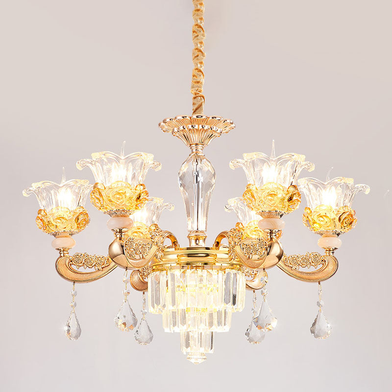 6 Lights Clear Glass Pendant Lamp Traditional Gold Flower Dining Room Chandelier with Tiered Crystal Accent Clearhalo 'Ceiling Lights' 'Chandeliers' Lighting' options 1125524