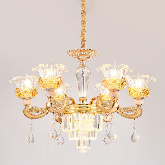 6 Lights Clear Glass Pendant Lamp Traditional Gold Flower Dining Room Chandelier with Tiered Crystal Accent Clearhalo 'Ceiling Lights' 'Chandeliers' Lighting' options 1125524