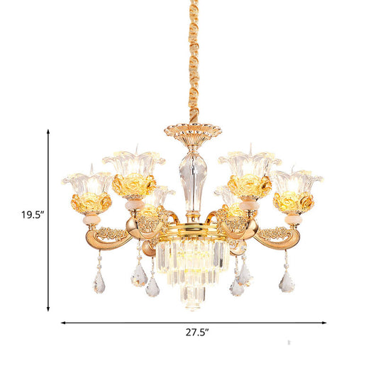 6 Lights Clear Glass Pendant Lamp Traditional Gold Flower Dining Room Chandelier with Tiered Crystal Accent Clearhalo 'Ceiling Lights' 'Chandeliers' Lighting' options 1125525