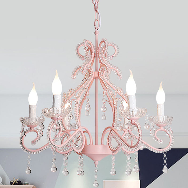 Crystal Beaded Pink Chandelier Lamp Candlestick 6 Lights Modern Pendant Light Fixture Clearhalo 'Ceiling Lights' 'Chandeliers' Lighting' options 1125526