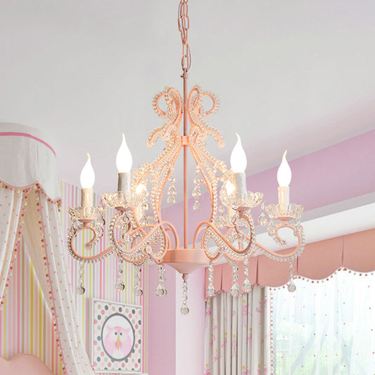 Crystal Beaded Pink Chandelier Lamp Candlestick 6 Lights Modern Pendant Light Fixture Clearhalo 'Ceiling Lights' 'Chandeliers' Lighting' options 1125527