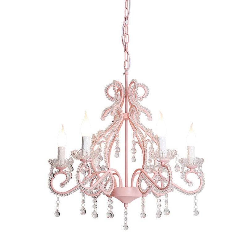 Crystal Beaded Pink Chandelier Lamp Candlestick 6 Lights Modern Pendant Light Fixture Clearhalo 'Ceiling Lights' 'Chandeliers' Lighting' options 1125528