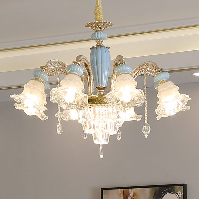 Drooping Flower Frosted Glass Drop Lamp Rustic 6 Heads Bedroom Ceiling Chandelier in Blue Blue Clearhalo 'Ceiling Lights' 'Chandeliers' Lighting' options 1125534_89781b5b-4b56-4ef2-a1f9-e8596359ec01