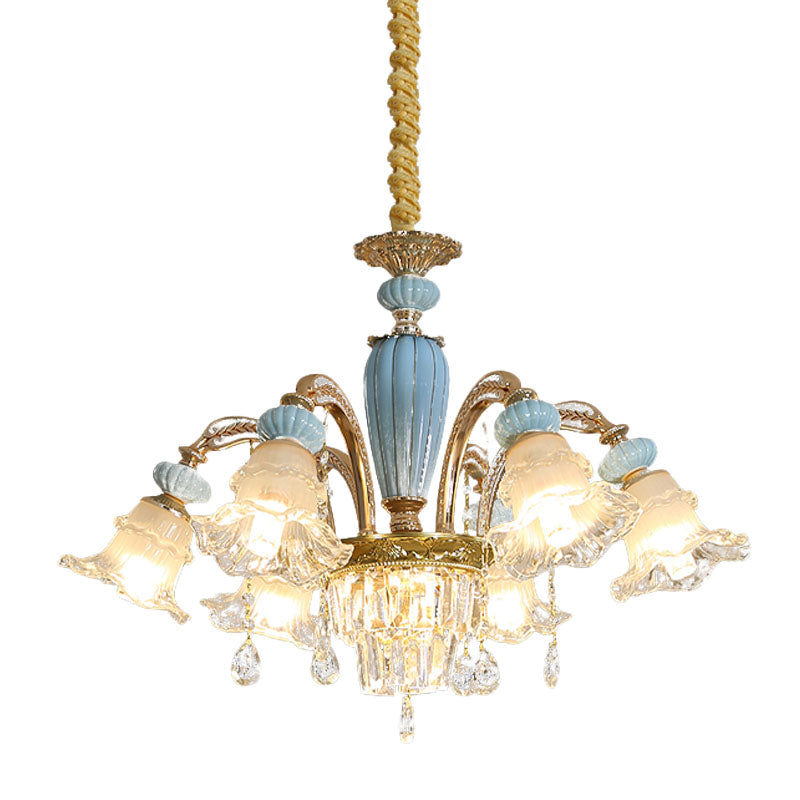 Drooping Flower Frosted Glass Drop Lamp Rustic 6 Heads Bedroom Ceiling Chandelier in Blue Clearhalo 'Ceiling Lights' 'Chandeliers' Lighting' options 1125535