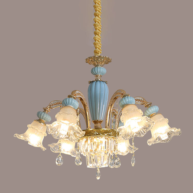 Drooping Flower Frosted Glass Drop Lamp Rustic 6 Heads Bedroom Ceiling Chandelier in Blue Clearhalo 'Ceiling Lights' 'Chandeliers' Lighting' options 1125536