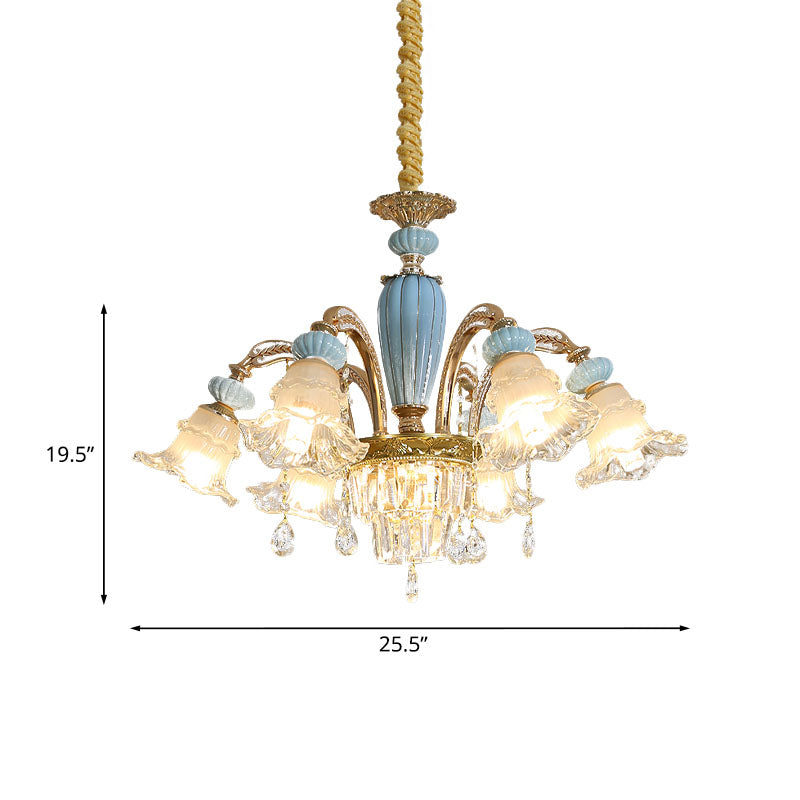 Drooping Flower Frosted Glass Drop Lamp Rustic 6 Heads Bedroom Ceiling Chandelier in Blue Clearhalo 'Ceiling Lights' 'Chandeliers' Lighting' options 1125537