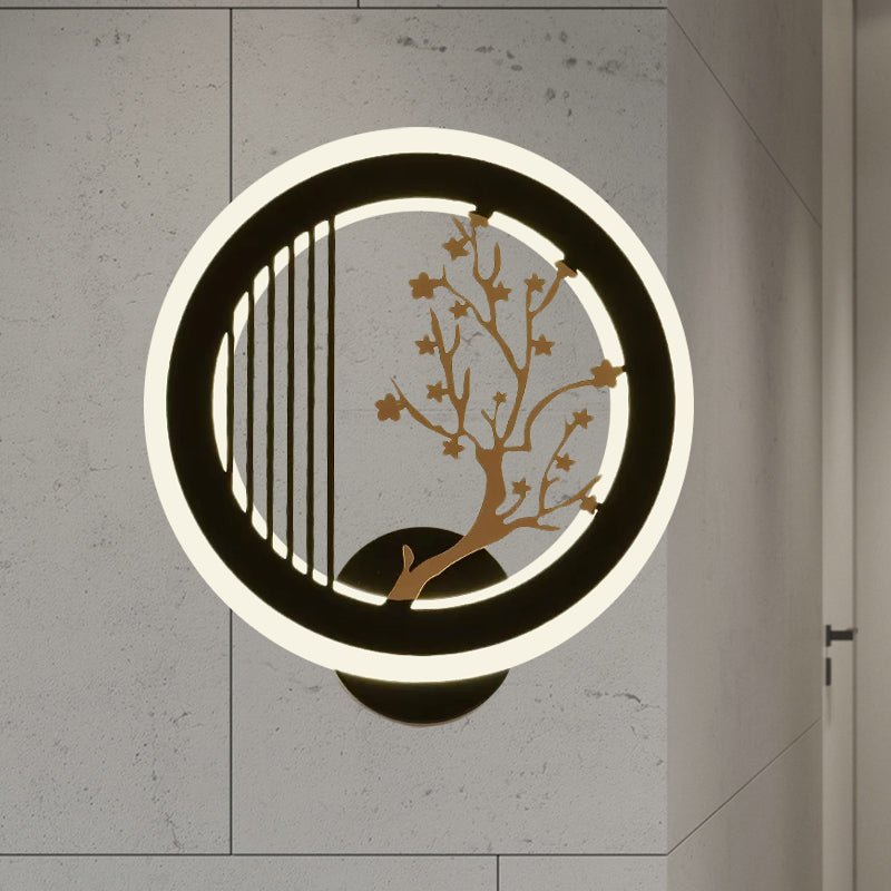 Asia LED Mural Light Fixture Black Plum Tree/Bamboo Patterned Round Wall Mounted Lamp with Acrylic Shade Black A Clearhalo 'Wall Lamps & Sconces' 'Wall Lights' Lighting' 1125571