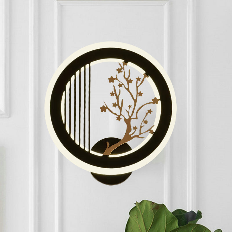 Asia LED Mural Light Fixture Black Plum Tree/Bamboo Patterned Round Wall Mounted Lamp with Acrylic Shade Clearhalo 'Wall Lamps & Sconces' 'Wall Lights' Lighting' 1125572