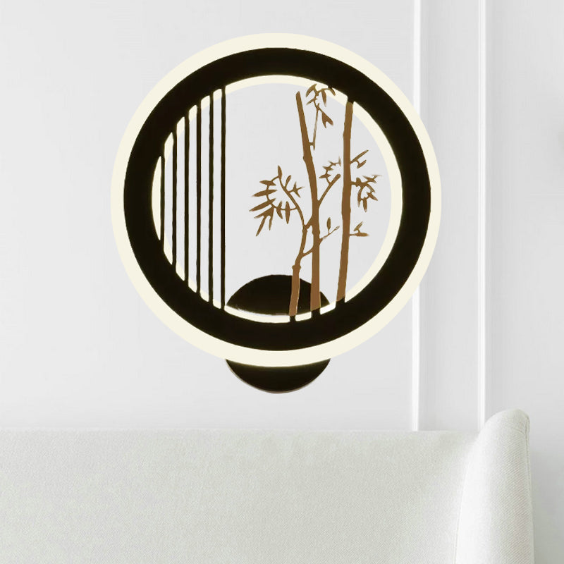 Asia LED Mural Light Fixture Black Plum Tree/Bamboo Patterned Round Wall Mounted Lamp with Acrylic Shade Black B Clearhalo 'Wall Lamps & Sconces' 'Wall Lights' Lighting' 1125575