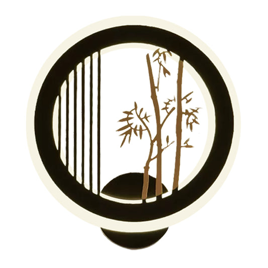 Asia LED Mural Light Fixture Black Plum Tree/Bamboo Patterned Round Wall Mounted Lamp with Acrylic Shade Clearhalo 'Wall Lamps & Sconces' 'Wall Lights' Lighting' 1125578