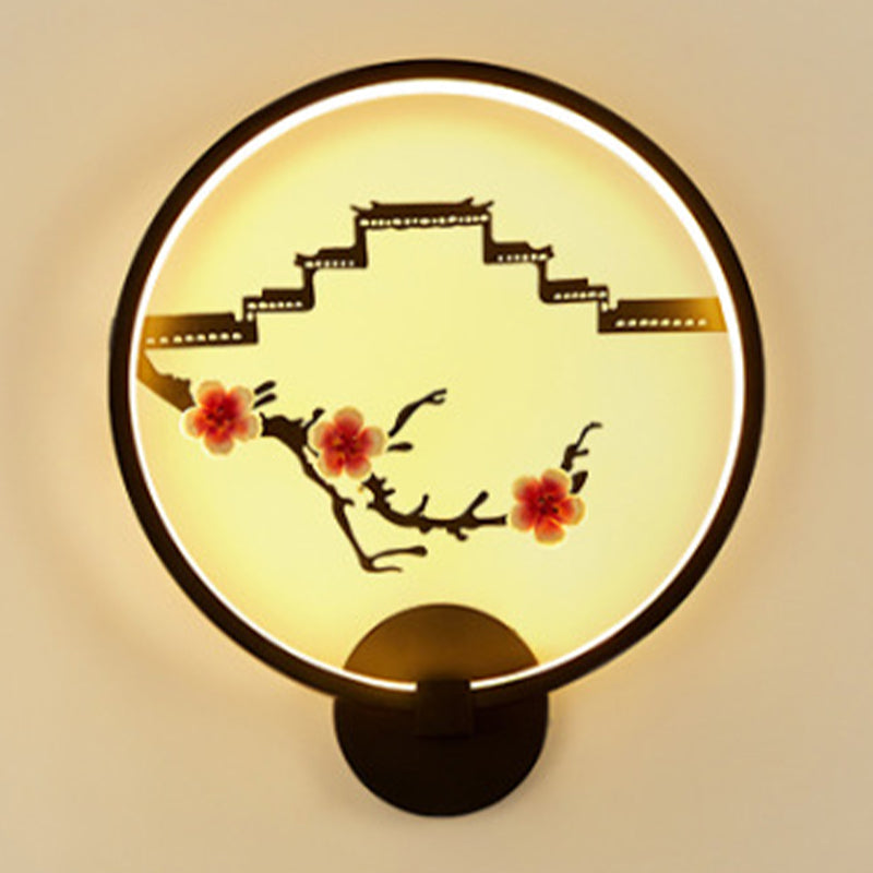 Chinese Plum Flower Mural Lamp Ceramic Bedside LED Wall Lighting with Ring in Black Clearhalo 'Wall Lamps & Sconces' 'Wall Lights' Lighting' 1125612