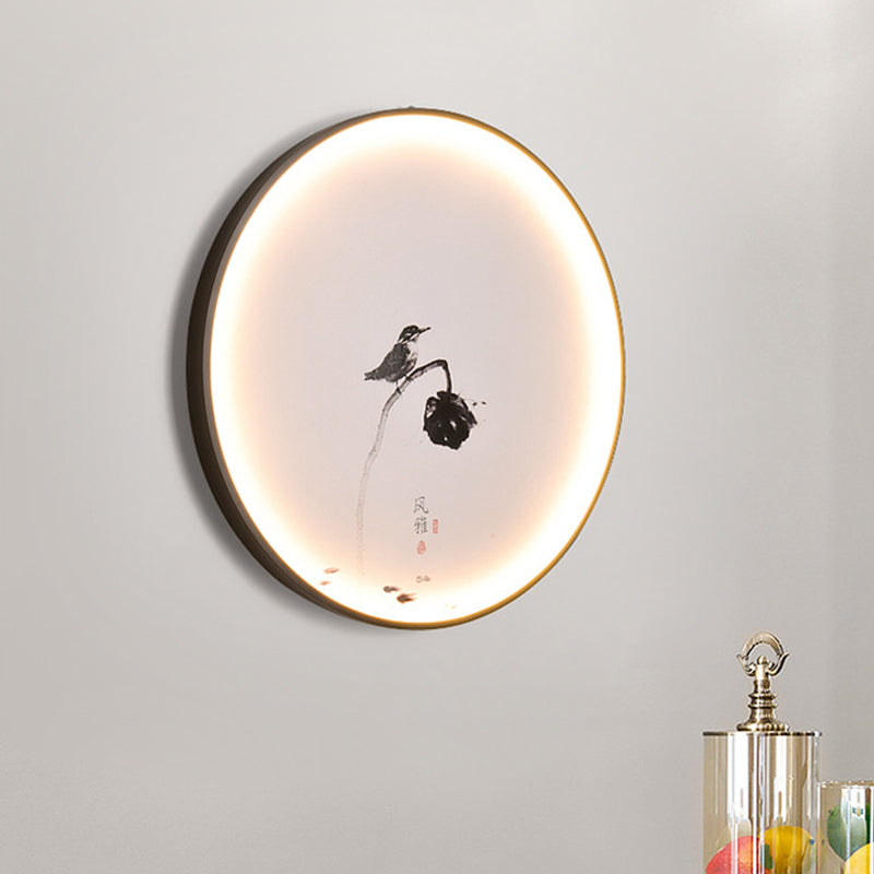 Bird and Lotus LED Mural Light Chinese Style Aluminum Dining Room Circular Flush Mount Sconce in Black Black Clearhalo 'Wall Lamps & Sconces' 'Wall Lights' Lighting' 1125627