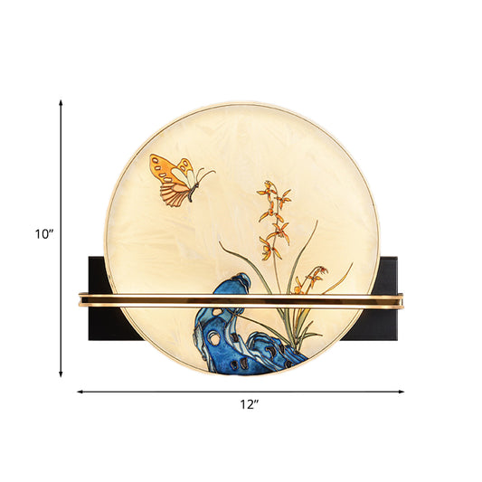 Butterfly LED Mural Light Fixture Asia Stained Glass Tearoom Circular Wall Mounted Lamp in Blue Clearhalo 'Wall Lamps & Sconces' 'Wall Lights' Lighting' 1125634