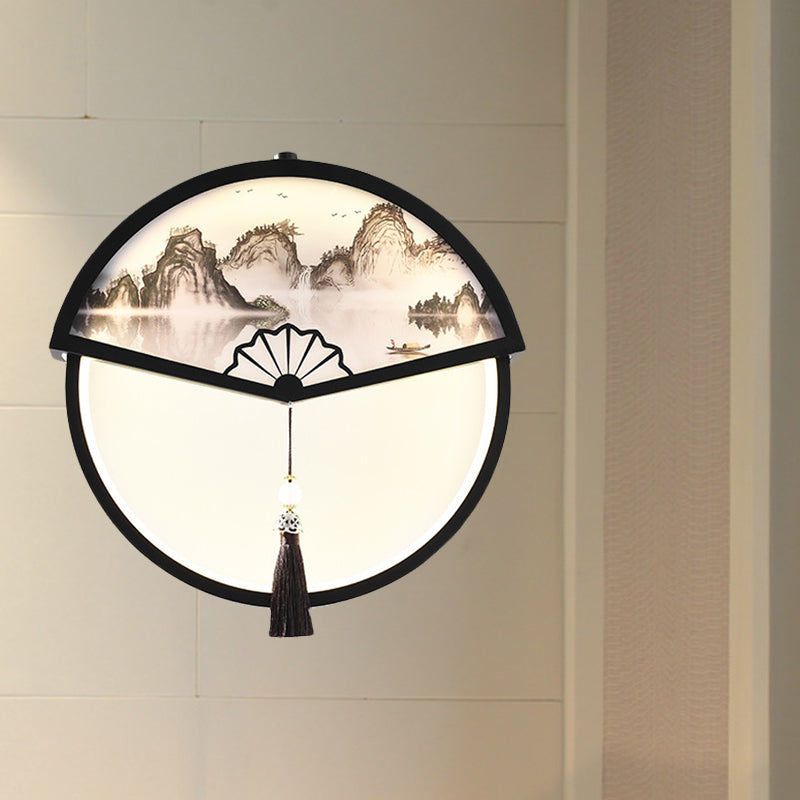 Tree/Mountain Scene Wall Mural Light Chinese Metal Black Fan-Shaped LED Wall Mounted Lamp with Tassel Knot Clearhalo 'Wall Lamps & Sconces' 'Wall Lights' Lighting' 1125649