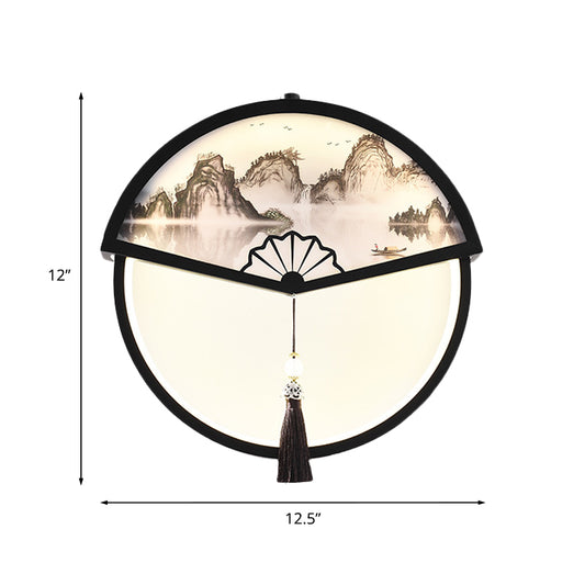 Tree/Mountain Scene Wall Mural Light Chinese Metal Black Fan-Shaped LED Wall Mounted Lamp with Tassel Knot Clearhalo 'Wall Lamps & Sconces' 'Wall Lights' Lighting' 1125651