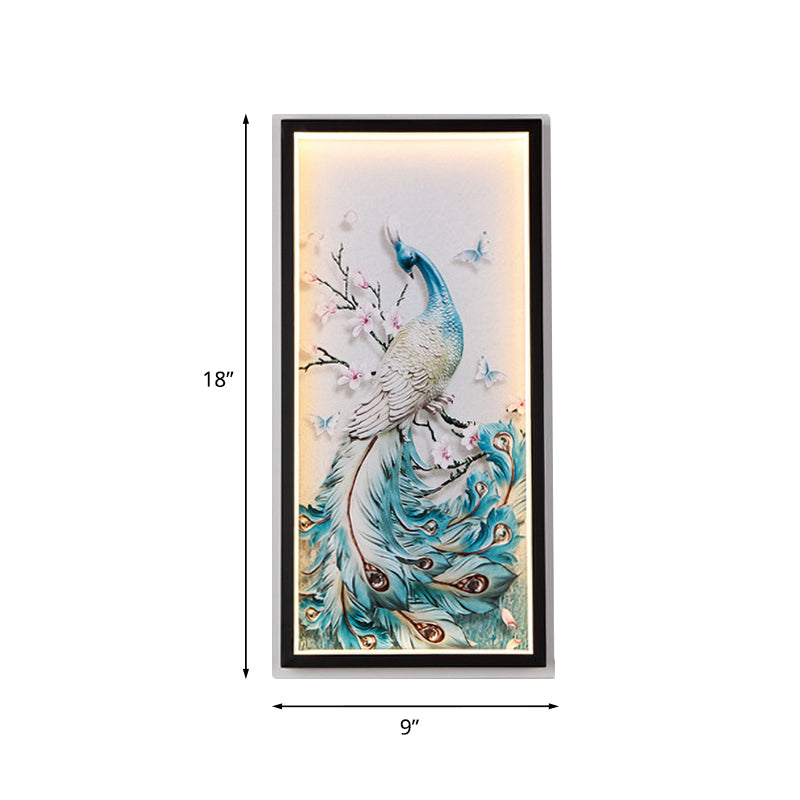 Peacock Mural Light Fixture Asian Aluminum Blue LED Wall Lighting with Black Frame Clearhalo 'Wall Lamps & Sconces' 'Wall Lights' Lighting' 1125922