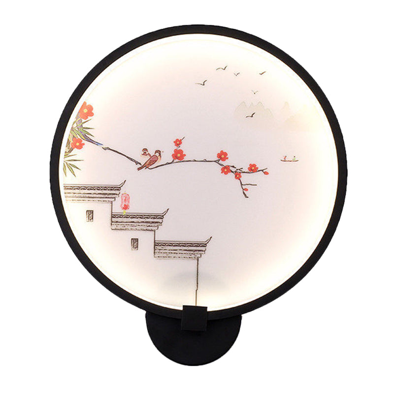 Chinese Ink House/Lotus Mural Light Acrylic Bedroom LED Circle Wall Sconce Light in Black Clearhalo 'Wall Lamps & Sconces' 'Wall Lights' Lighting' 1126133