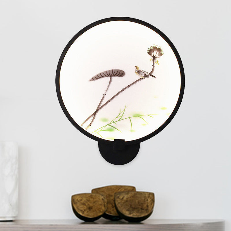 Chinese Ink House/Lotus Mural Light Acrylic Bedroom LED Circle Wall Sconce Light in Black Clearhalo 'Wall Lamps & Sconces' 'Wall Lights' Lighting' 1126137