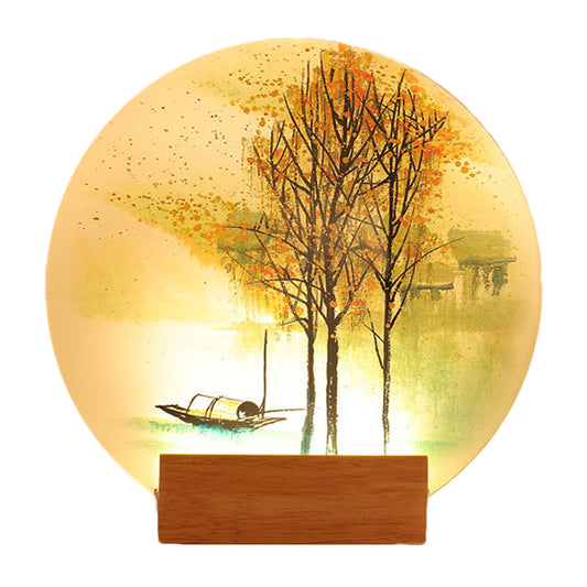 Goldfish/Boat Bedside Mural Lamp Acrylic Asian LED Disc Wall Light Sconce with Wooden Arm Clearhalo 'Wall Lamps & Sconces' 'Wall Lights' Lighting' 1126162