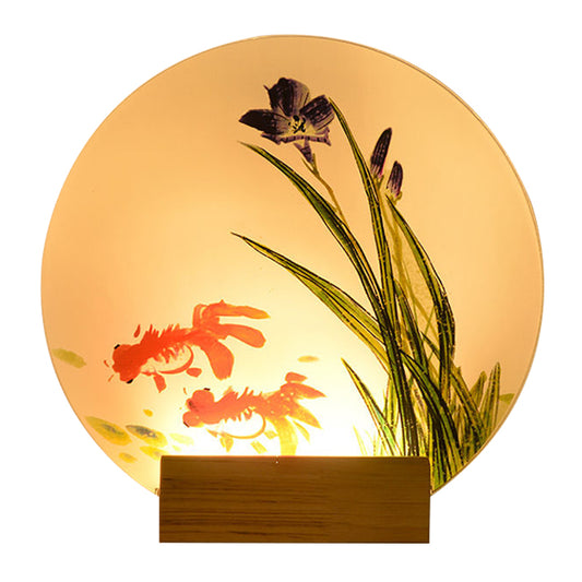 Goldfish/Boat Bedside Mural Lamp Acrylic Asian LED Disc Wall Light Sconce with Wooden Arm Clearhalo 'Wall Lamps & Sconces' 'Wall Lights' Lighting' 1126167