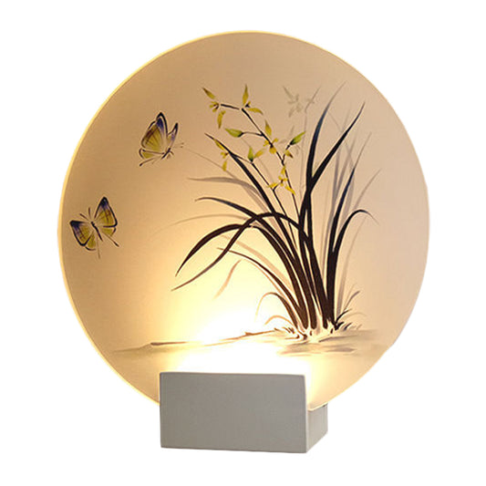 Moon Shaped Acrylic Wall Mount Lighting Asian White LED Mural Lamp with Butterfly and Orchid Pattern Clearhalo 'Wall Lamps & Sconces' 'Wall Lights' Lighting' 1126188