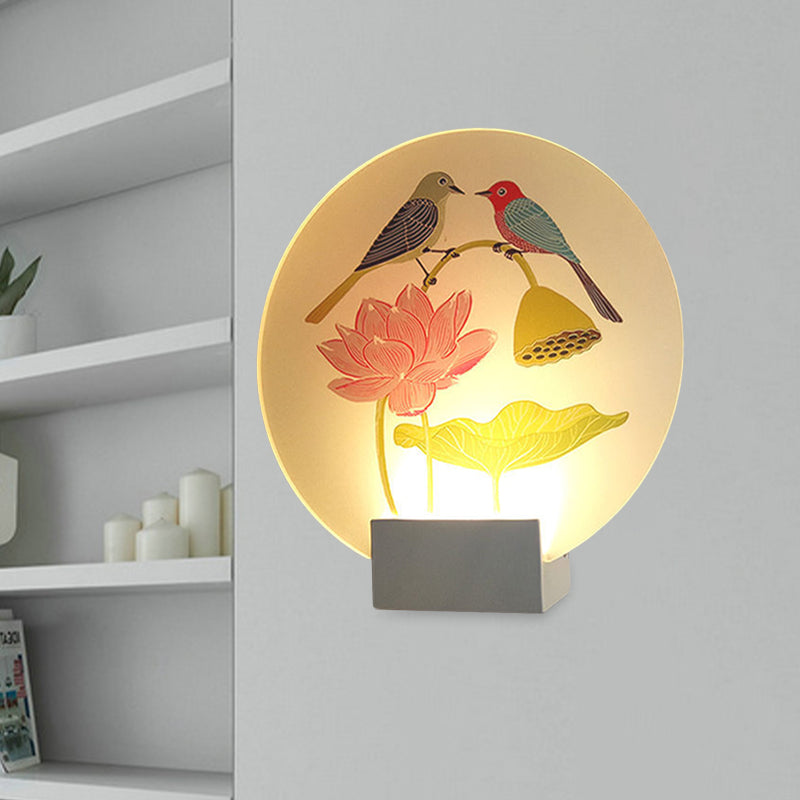 Asia Lovebird and Lotus Mural Lamp Acrylic Bedroom LED Wall Mounted Lighting in White White Clearhalo 'Wall Lamps & Sconces' 'Wall Lights' Lighting' 1126190