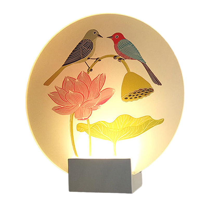 Asia Lovebird and Lotus Mural Lamp Acrylic Bedroom LED Wall Mounted Lighting in White Clearhalo 'Wall Lamps & Sconces' 'Wall Lights' Lighting' 1126192