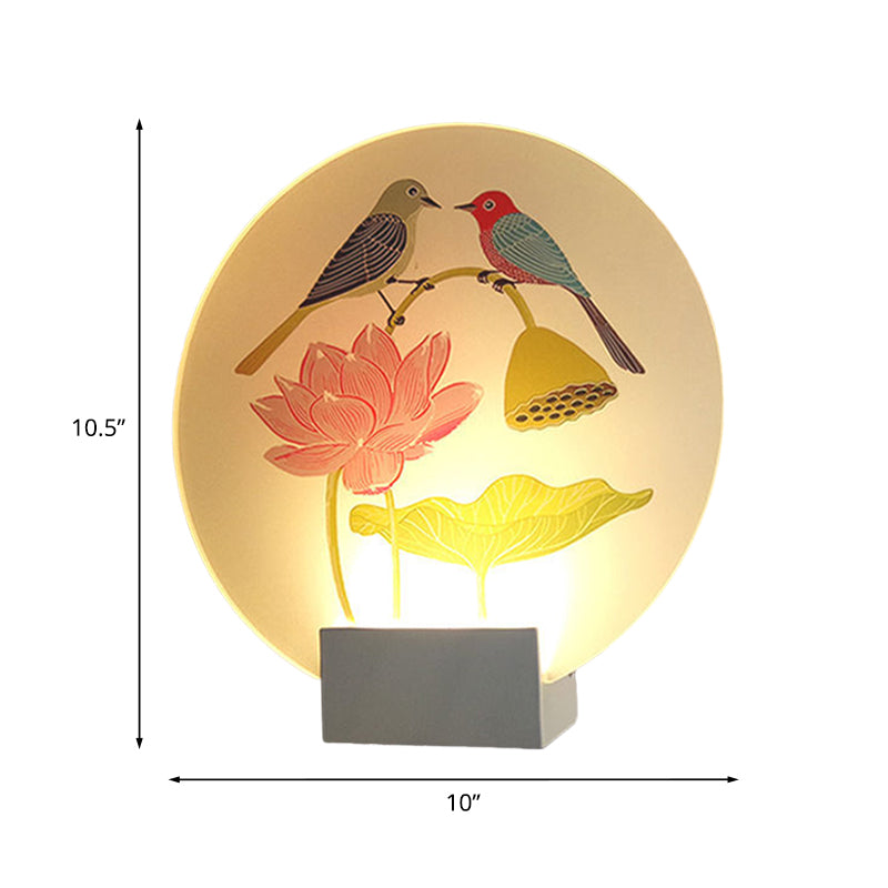 Asia Lovebird and Lotus Mural Lamp Acrylic Bedroom LED Wall Mounted Lighting in White Clearhalo 'Wall Lamps & Sconces' 'Wall Lights' Lighting' 1126193