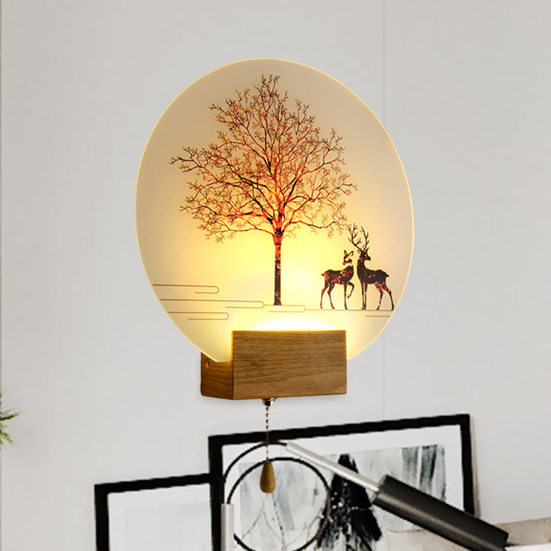 Nordic Deer Under Tree Mural Lamp Acrylic Workshop LED Wall Sconce in Wood with Pull Chain Wood Clearhalo 'Modern wall lights' 'Modern' 'Wall Lamps & Sconces' 'Wall Lights' Lighting' 1126259
