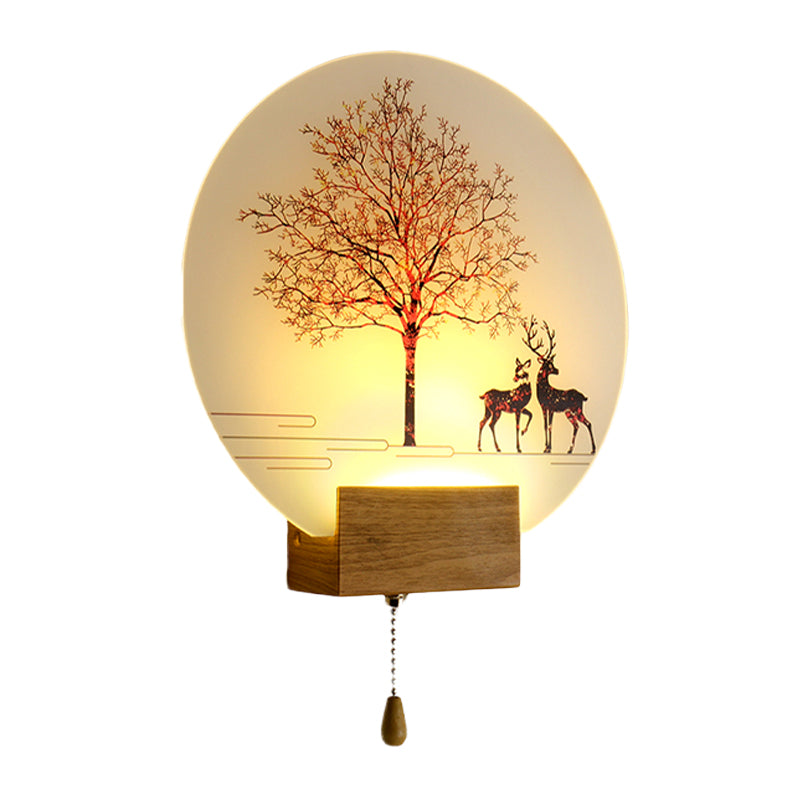 Nordic Deer Under Tree Mural Lamp Acrylic Workshop LED Wall Sconce in Wood with Pull Chain Clearhalo 'Modern wall lights' 'Modern' 'Wall Lamps & Sconces' 'Wall Lights' Lighting' 1126261