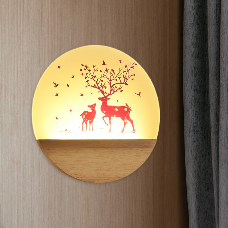 LED Bedroom Wall Mount Mural Light Nordic Wood Sconce with Deer/Bird Patterned Round Acrylic Shade Wood Deer Clearhalo 'Modern wall lights' 'Modern' 'Wall Lamps & Sconces' 'Wall Lights' Lighting' 1126275