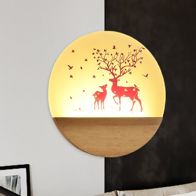 LED Bedroom Wall Mount Mural Light Nordic Wood Sconce with Deer/Bird Patterned Round Acrylic Shade Clearhalo 'Modern wall lights' 'Modern' 'Wall Lamps & Sconces' 'Wall Lights' Lighting' 1126276