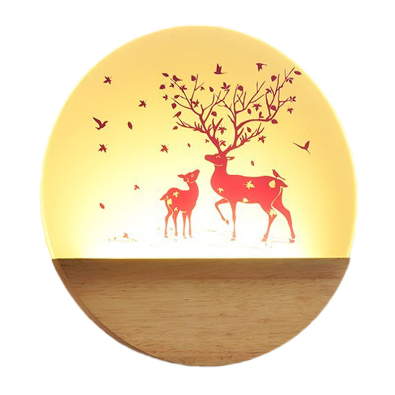 LED Bedroom Wall Mount Mural Light Nordic Wood Sconce with Deer/Bird Patterned Round Acrylic Shade Clearhalo 'Modern wall lights' 'Modern' 'Wall Lamps & Sconces' 'Wall Lights' Lighting' 1126277