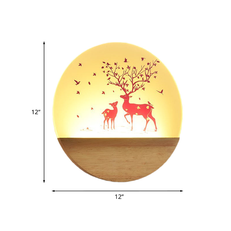 LED Bedroom Wall Mount Mural Light Nordic Wood Sconce with Deer/Bird Patterned Round Acrylic Shade Clearhalo 'Modern wall lights' 'Modern' 'Wall Lamps & Sconces' 'Wall Lights' Lighting' 1126278