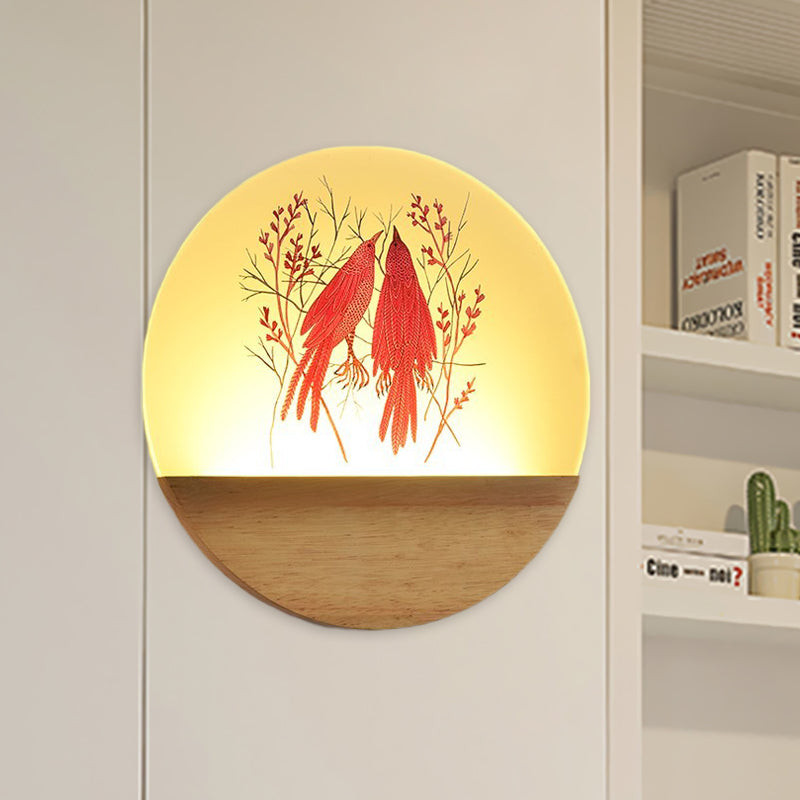 LED Bedroom Wall Mount Mural Light Nordic Wood Sconce with Deer/Bird Patterned Round Acrylic Shade Clearhalo 'Modern wall lights' 'Modern' 'Wall Lamps & Sconces' 'Wall Lights' Lighting' 1126280