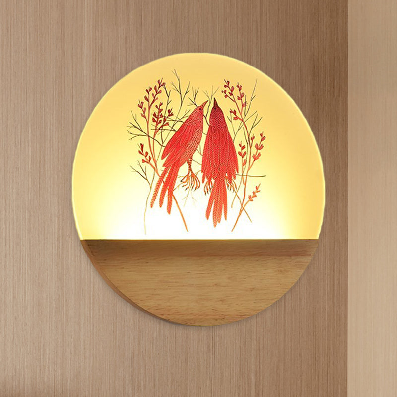 LED Bedroom Wall Mount Mural Light Nordic Wood Sconce with Deer/Bird Patterned Round Acrylic Shade Clearhalo 'Modern wall lights' 'Modern' 'Wall Lamps & Sconces' 'Wall Lights' Lighting' 1126281