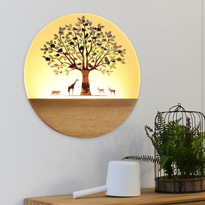 Nordic LED Wall Light Wood Tree and Animal/Flowering Tree Print Mural Light Fixture with Acrylic Shade Wood B Clearhalo 'Modern wall lights' 'Modern' 'Wall Lamps & Sconces' 'Wall Lights' Lighting' 1126288