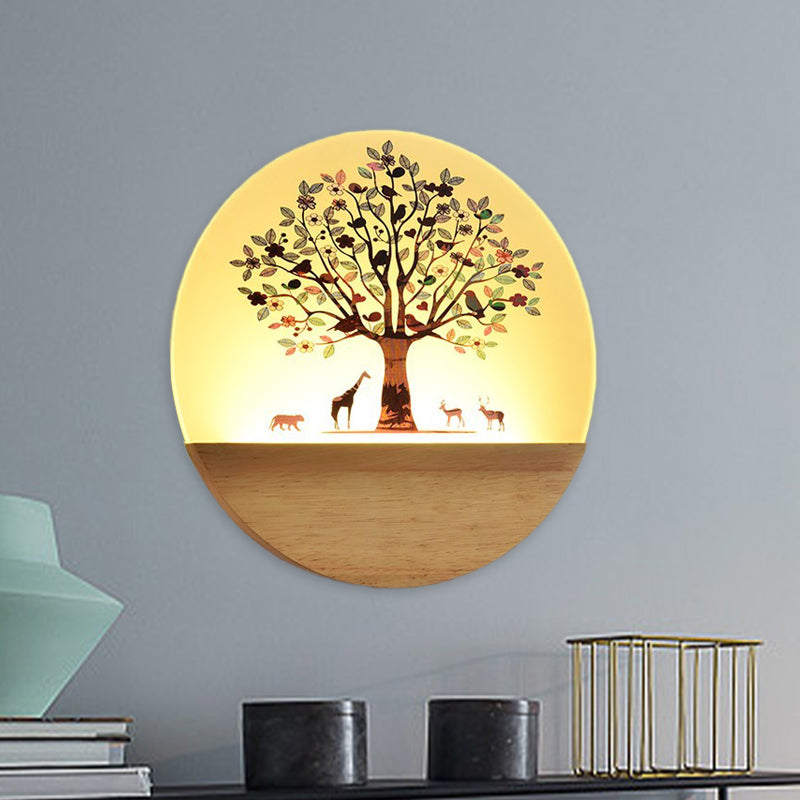 Nordic LED Wall Light Wood Tree and Animal/Flowering Tree Print Mural Light Fixture with Acrylic Shade Clearhalo 'Modern wall lights' 'Modern' 'Wall Lamps & Sconces' 'Wall Lights' Lighting' 1126289